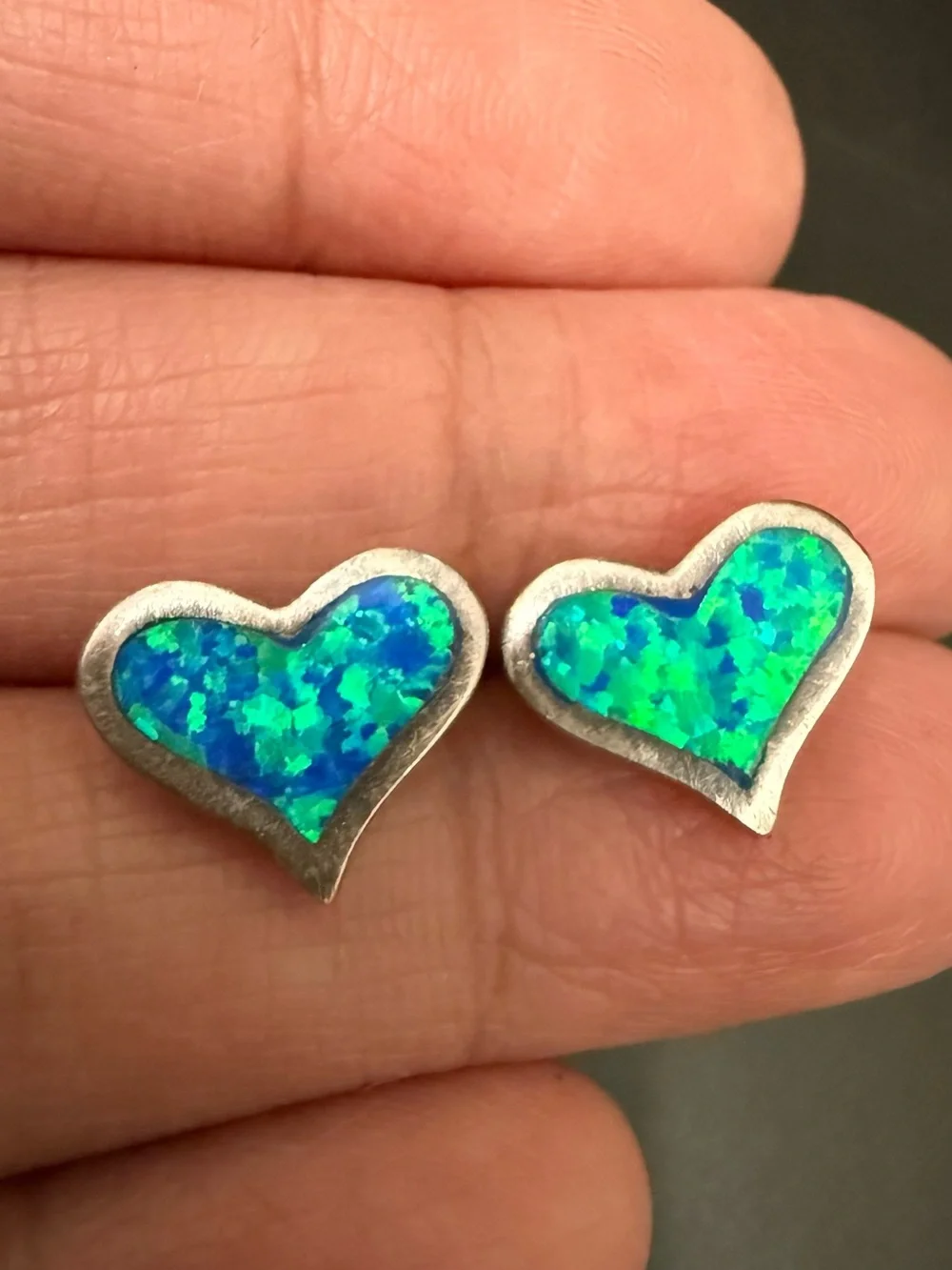 925 Sterling Silver Blue Fire Opal Heart Stud Earrings